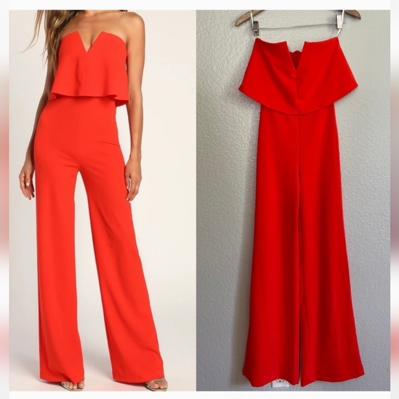 Lulu's Power of Love Red Strapless Jumpsuit Fitted Flared Leg NWT MED - Picture 3 of 16